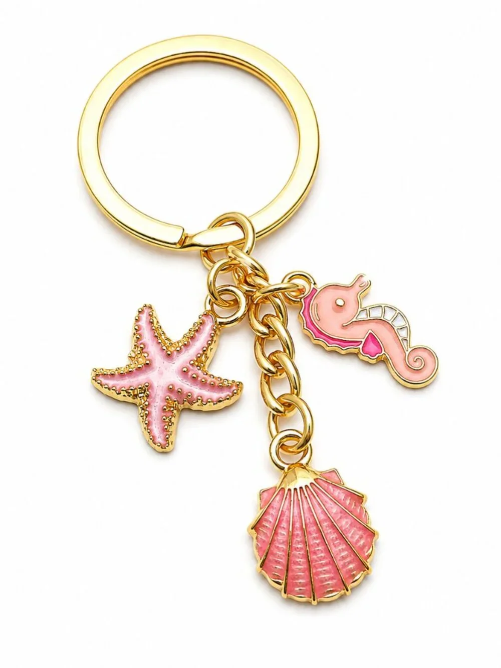 Gold Pink Seahorse Starfish Seashell Keychain Bag Charm Coastal Beach Ocean NEW